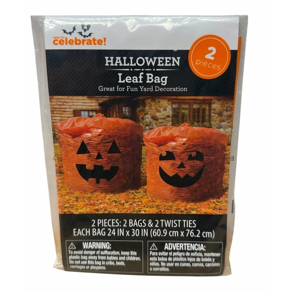 Halloween Pumpkin Plastic Leaf Bags Yard Decoration - 2 Pack - 24x30